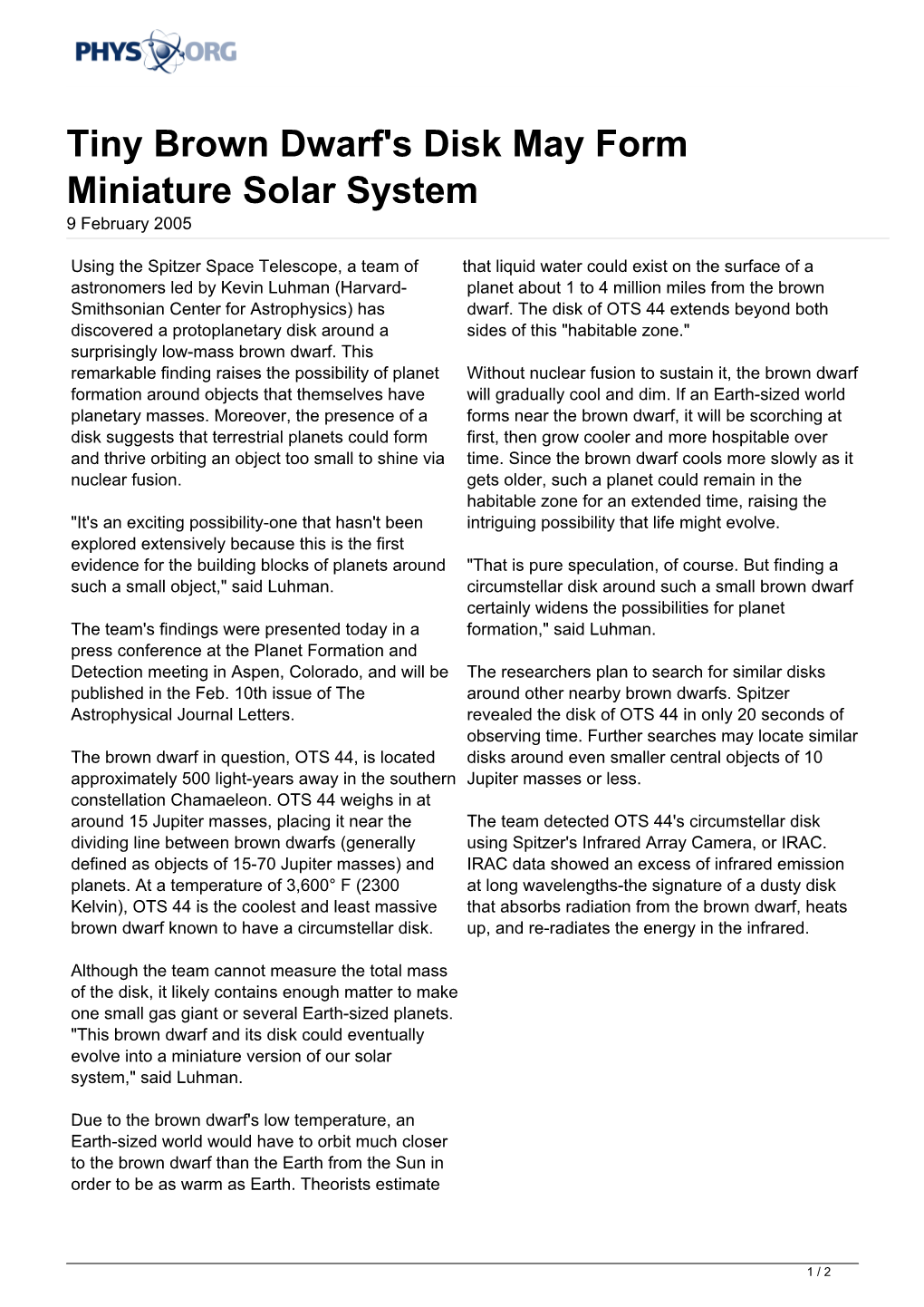 Tiny Brown Dwarf's Disk May Form Miniature Solar System 9 February 2005