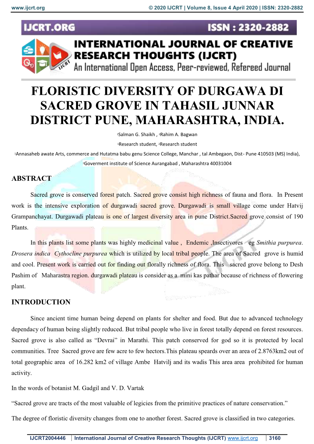 Floristic Diversity of Durgawa Di Sacred Grove in Tahasil Junnar District Pune, Maharashtra, India