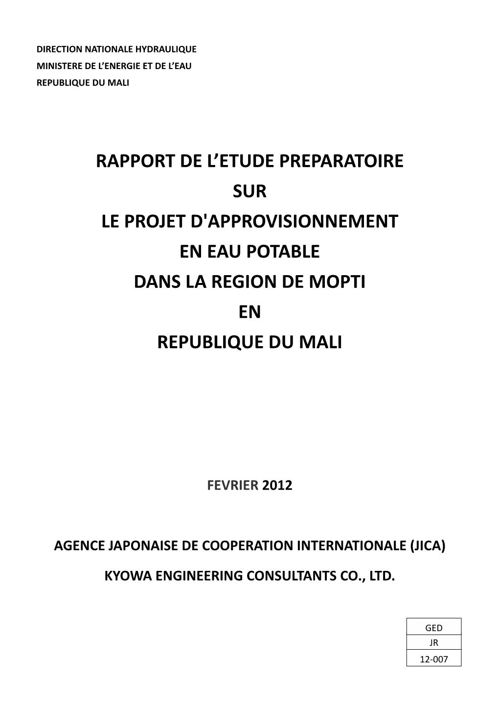 Rapport De L'etude Preparatoire Sur Le Projet