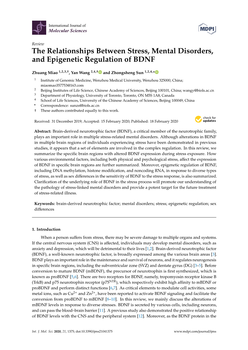 The Relationships Between Stress, Mental Disorders, and Epigenetic Regulation of BDNF