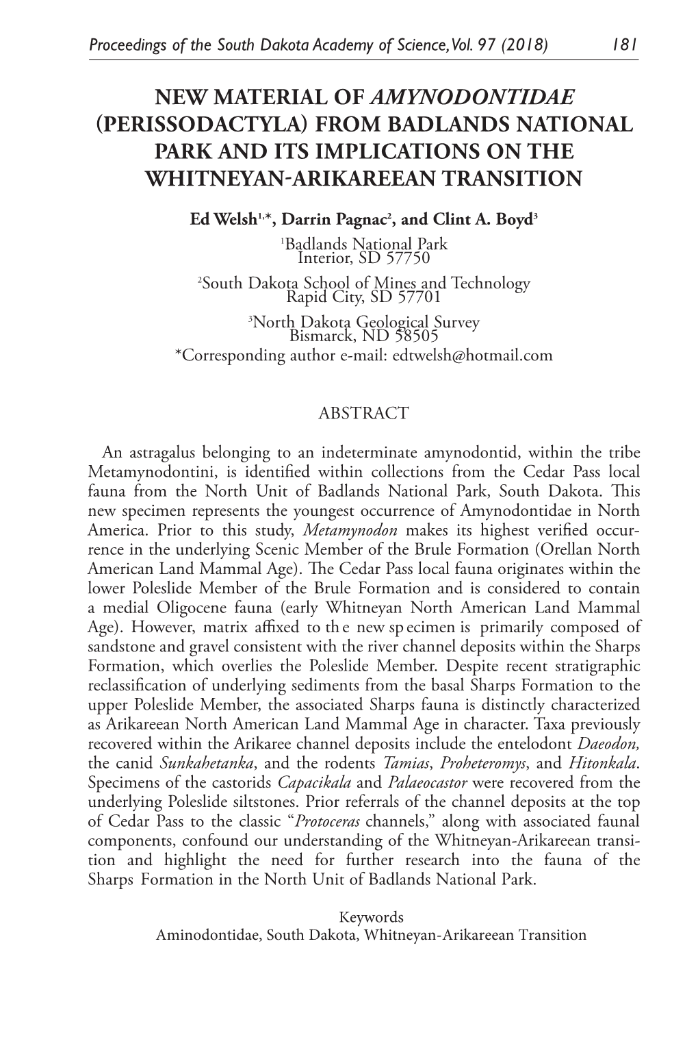 New Material of Amynodontidae (Perissodactyla) from Badlands National Park and Its Implications on the Whitneyan-Arikareean Transition