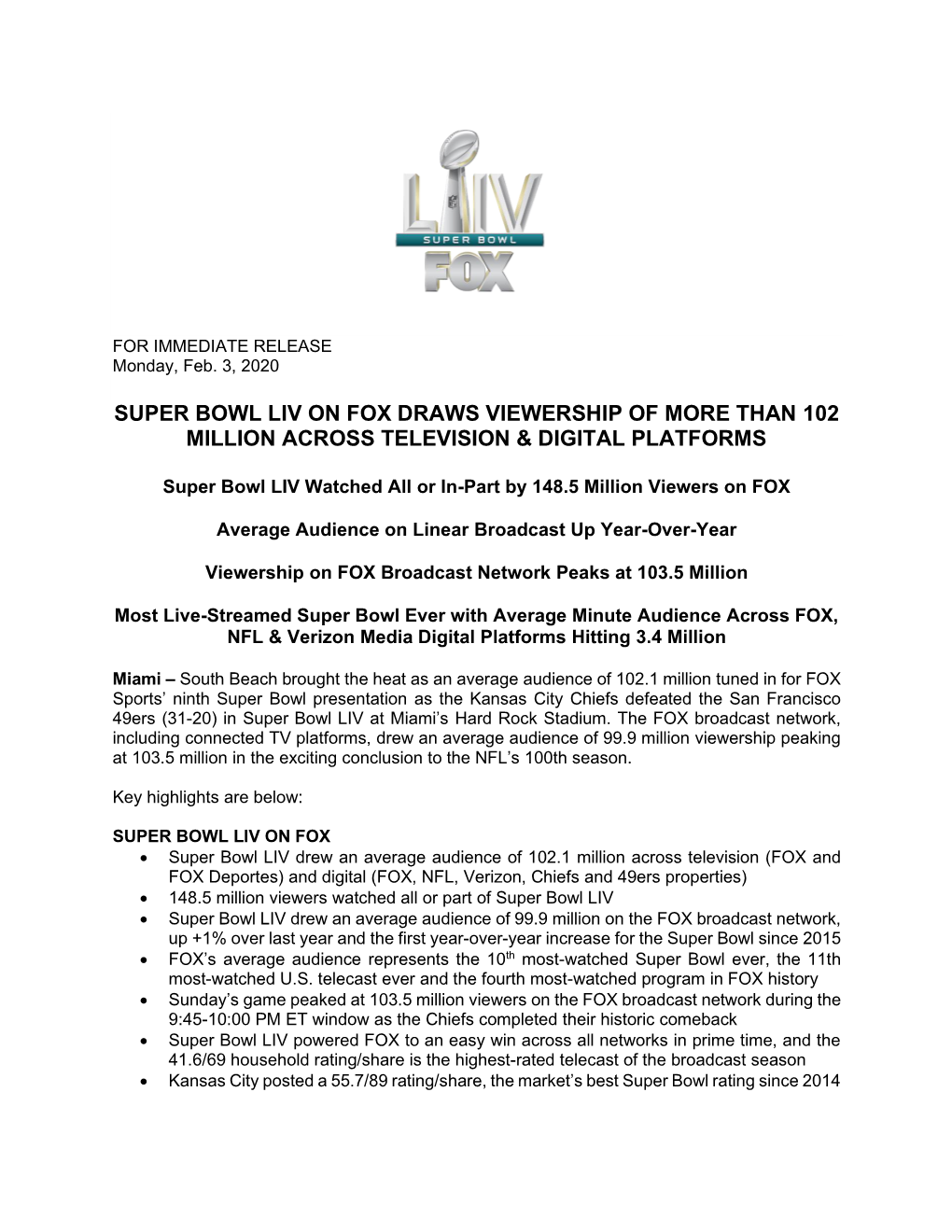 Super Bowl Liv on Fox Draws Viewership of More Than 102 Million Across Television & Digital Platforms