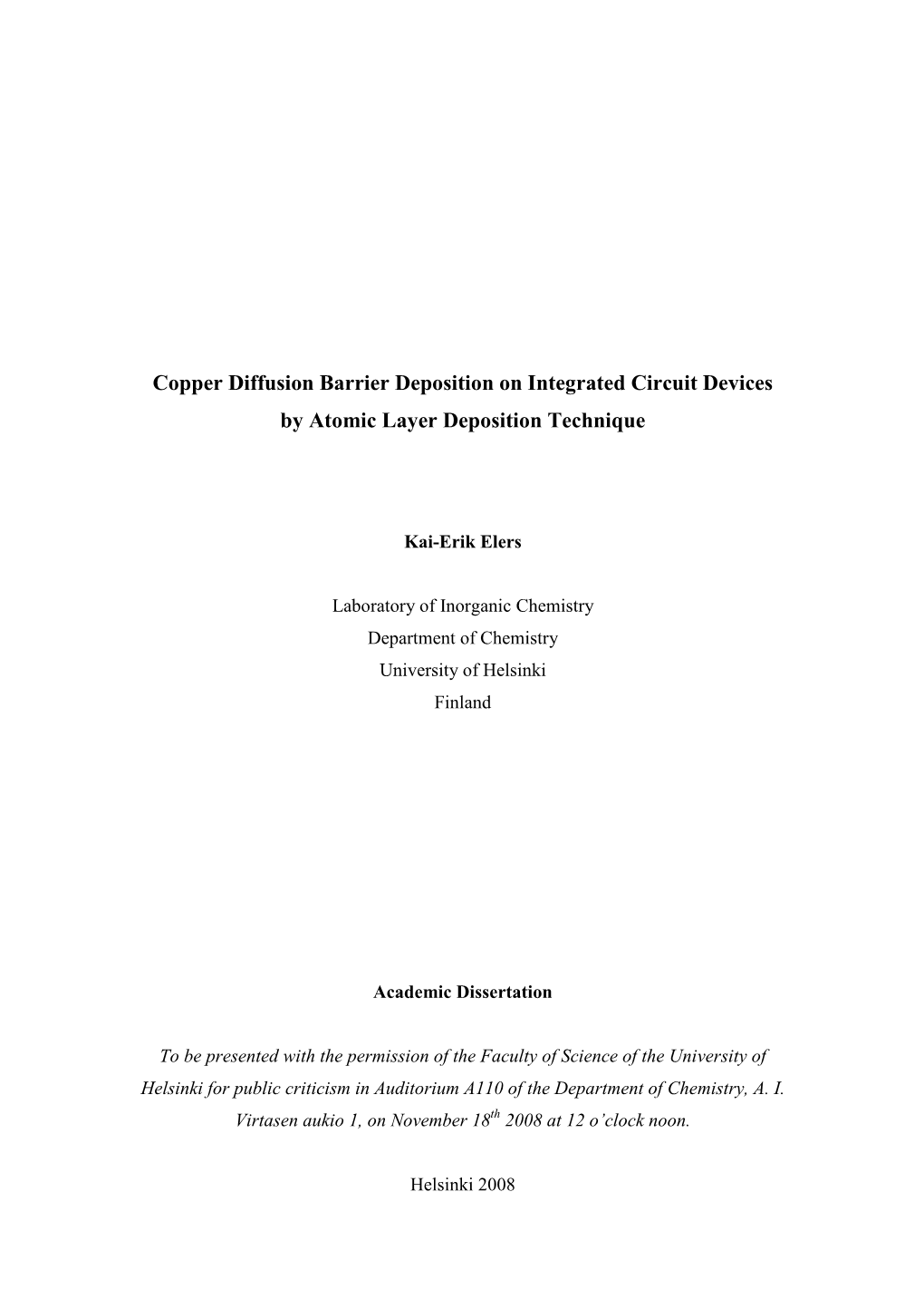 Copper Diffusion Barrier Deposition on Integrated Circuit Devices by Atomic Layer Deposition Technique