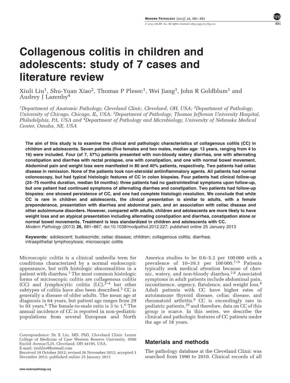 Collagenous Colitis in Children and Adolescents