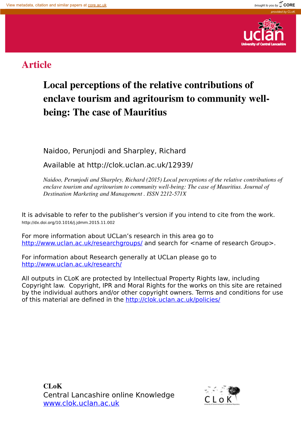 Article Local Perceptions of the Relative Contributions of Enclave Tourism and Agritourism to Community Well