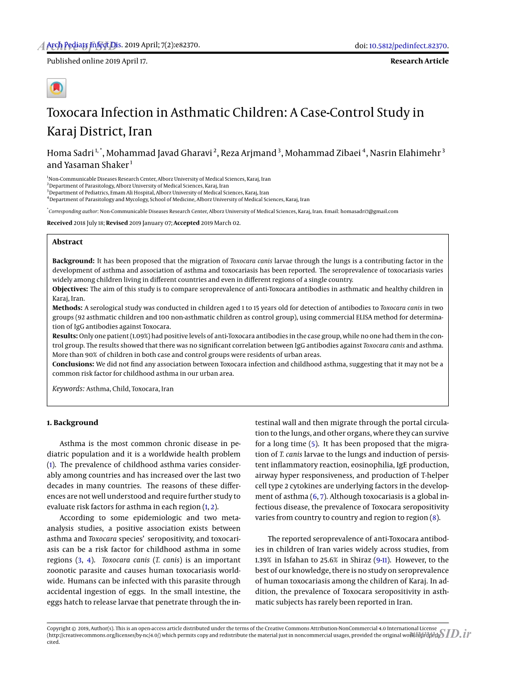 Toxocara Infection in Asthmatic Children: a Case-Control Study in Karaj District, Iran