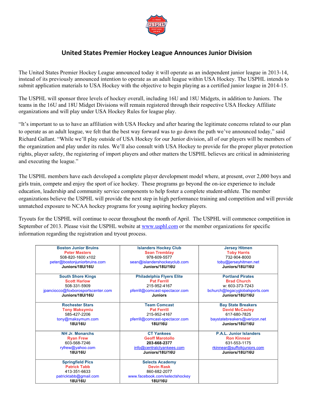 United States Premier Hockey League Announces Junior Division