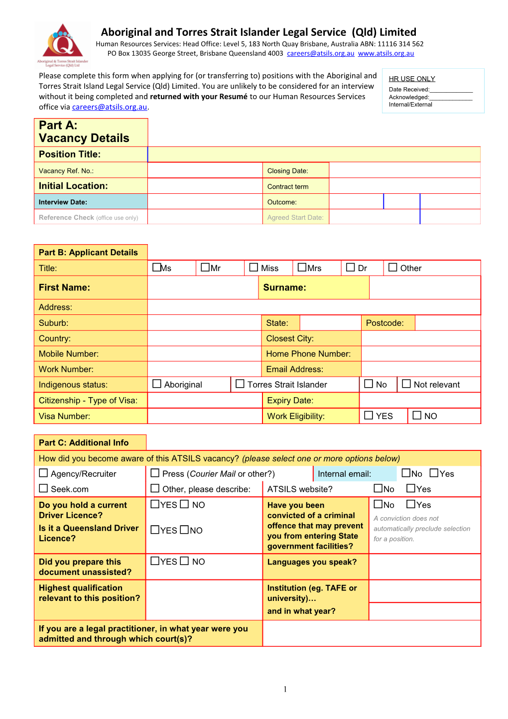 ATSILS Recruitment Application Form