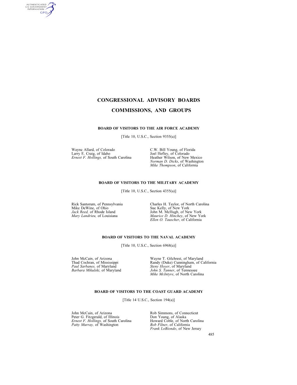 Congressional Advisory Boards Commissions, and Groups