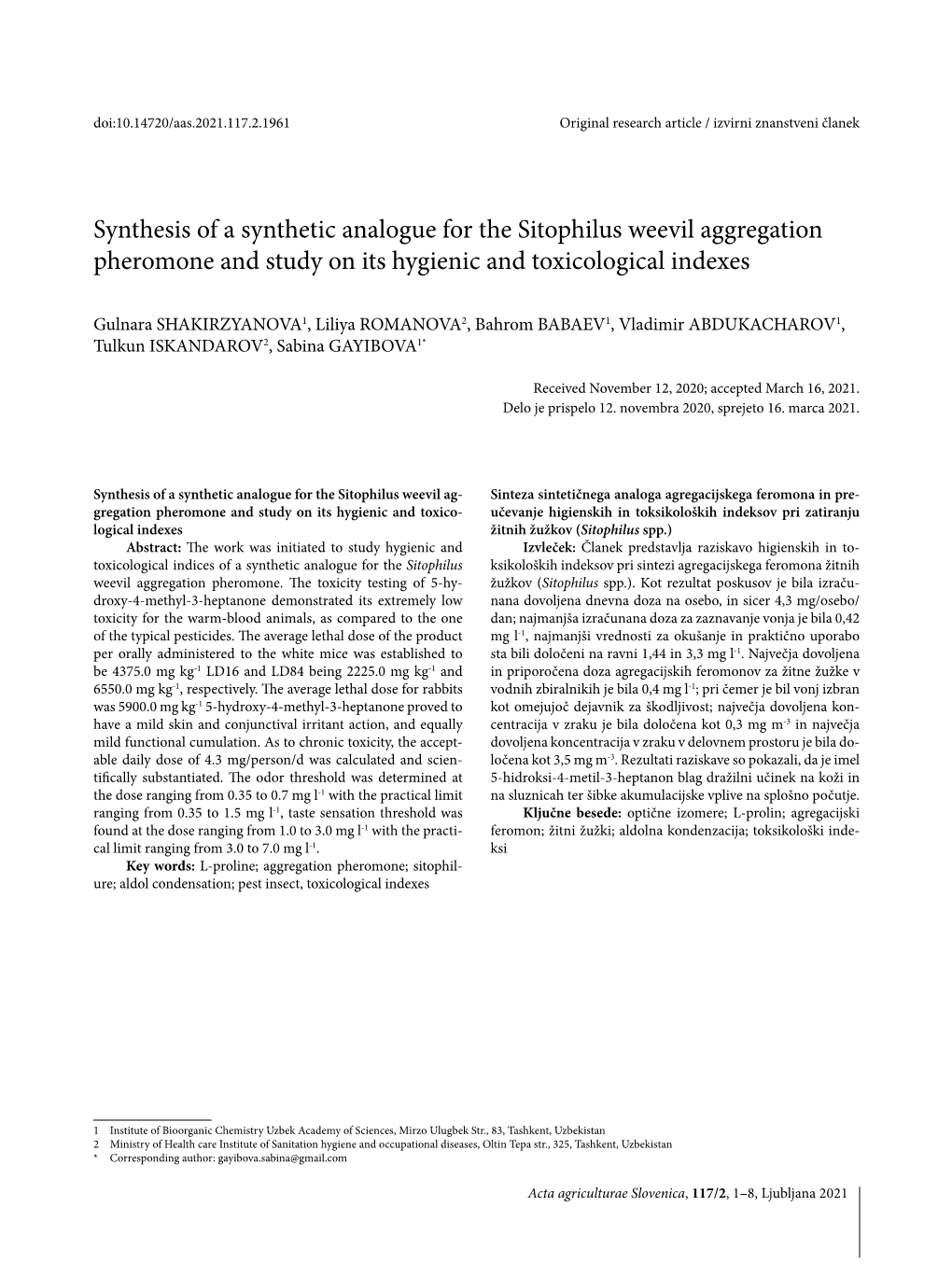 Synthesis of a Synthetic Analogue for the Sitophilus Weevil Aggregation Pheromone and Study on Its Hygienic and Toxicological Indexes