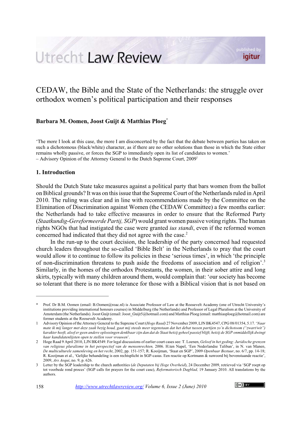CEDAW, the Bible and the State of the Netherlands: the Struggle Over Orthodox Women’S Political Participation and Their Responses