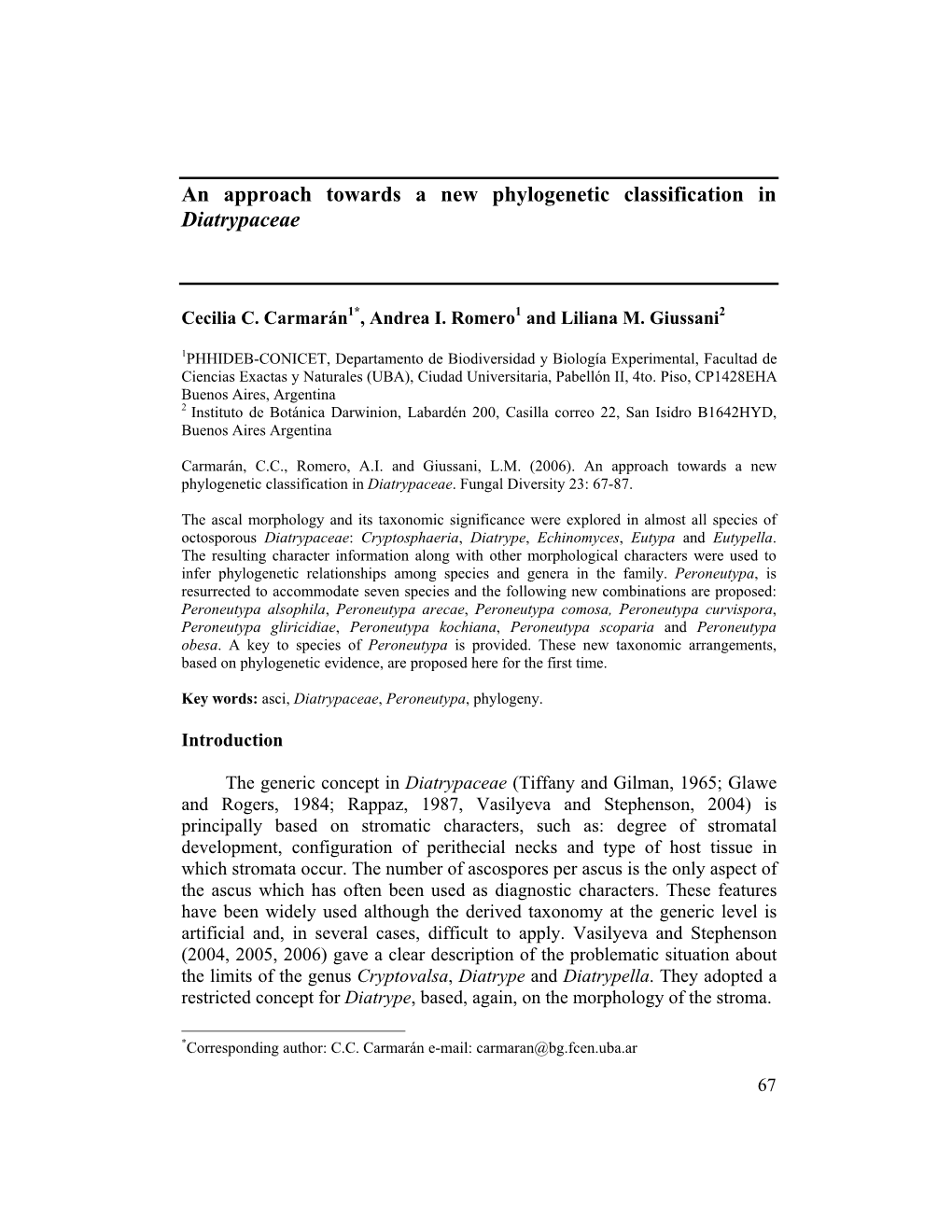 An Approach Towards a New Phylogenetic Classification in Diatrypaceae