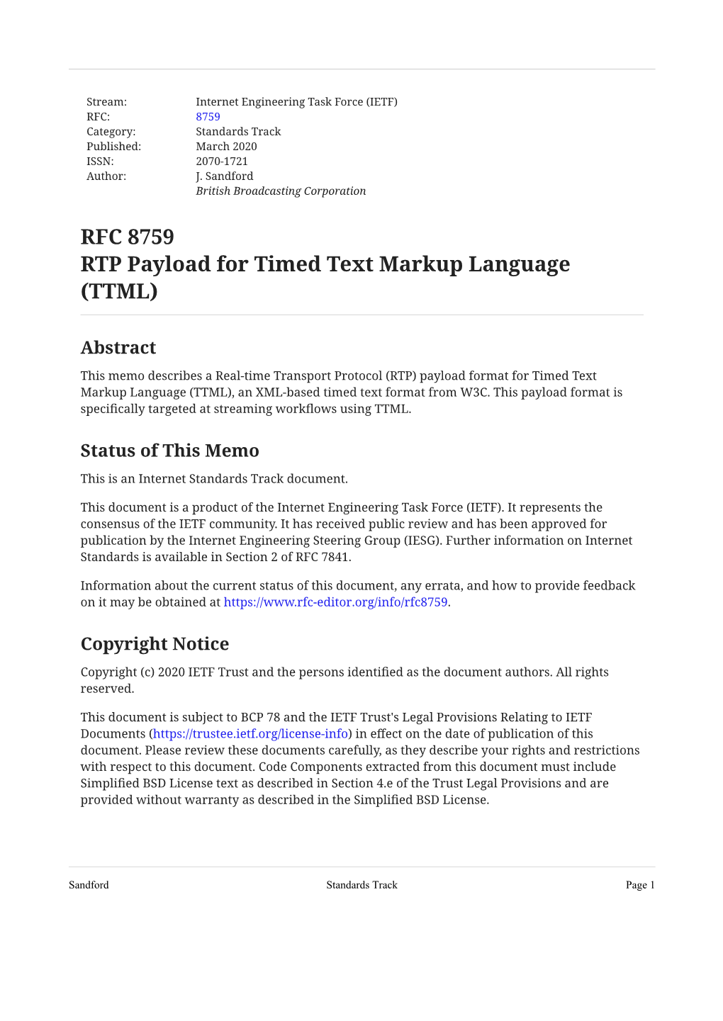 RFC 8759: RTP Payload for Timed Text Markup Language