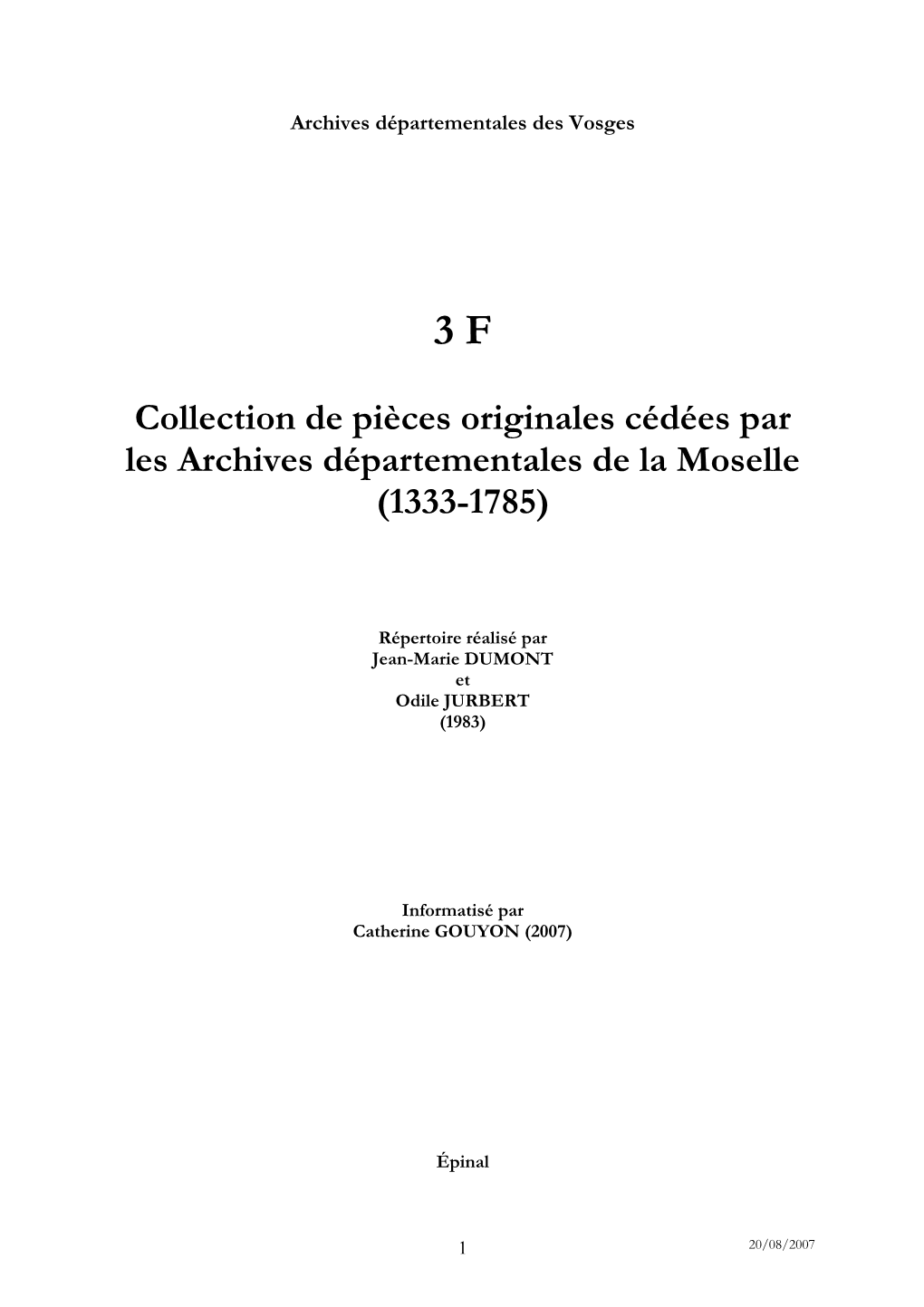 Inventaire De La Collection De Pièces Originales Cédées Par Les Archives