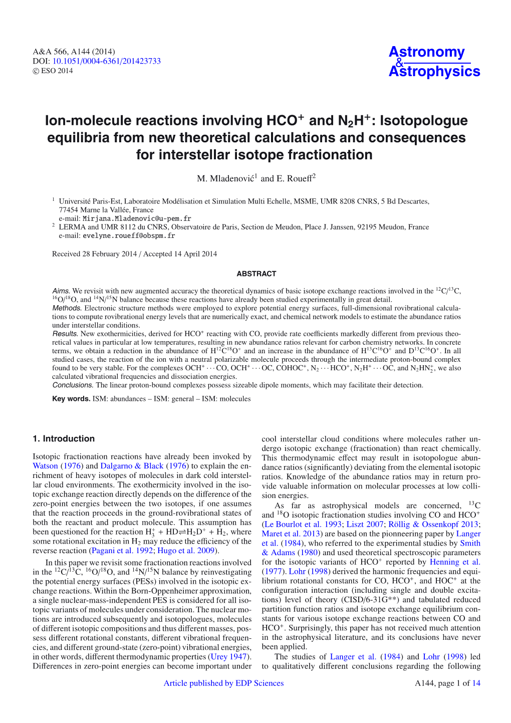 Ion-Molecule Reactions Involving HCO+ and N2H+