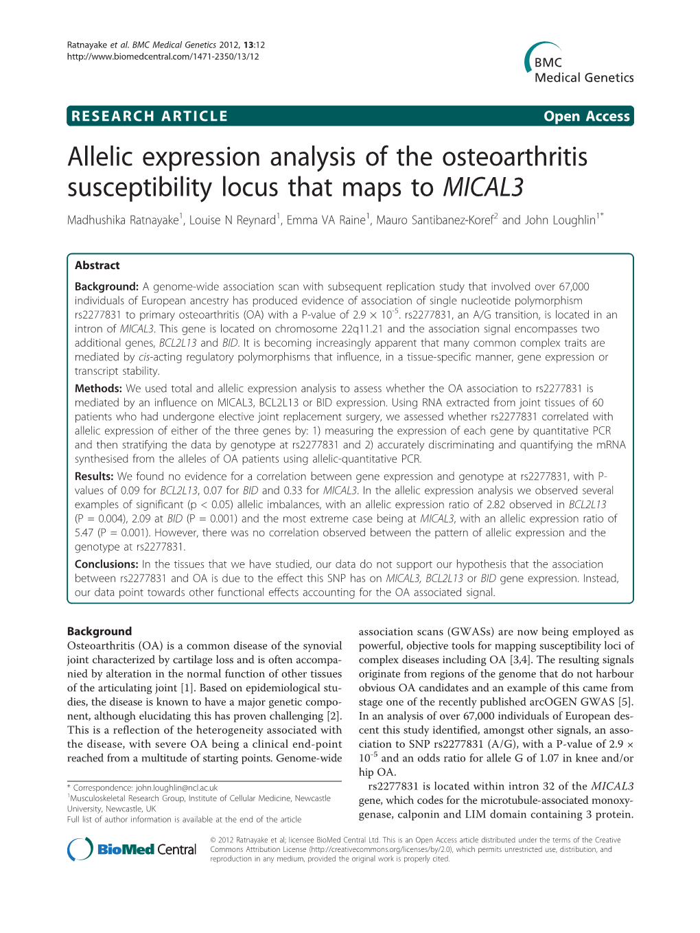 Allelic Expression Analysis of the Osteoarthritis Susceptibility Locus