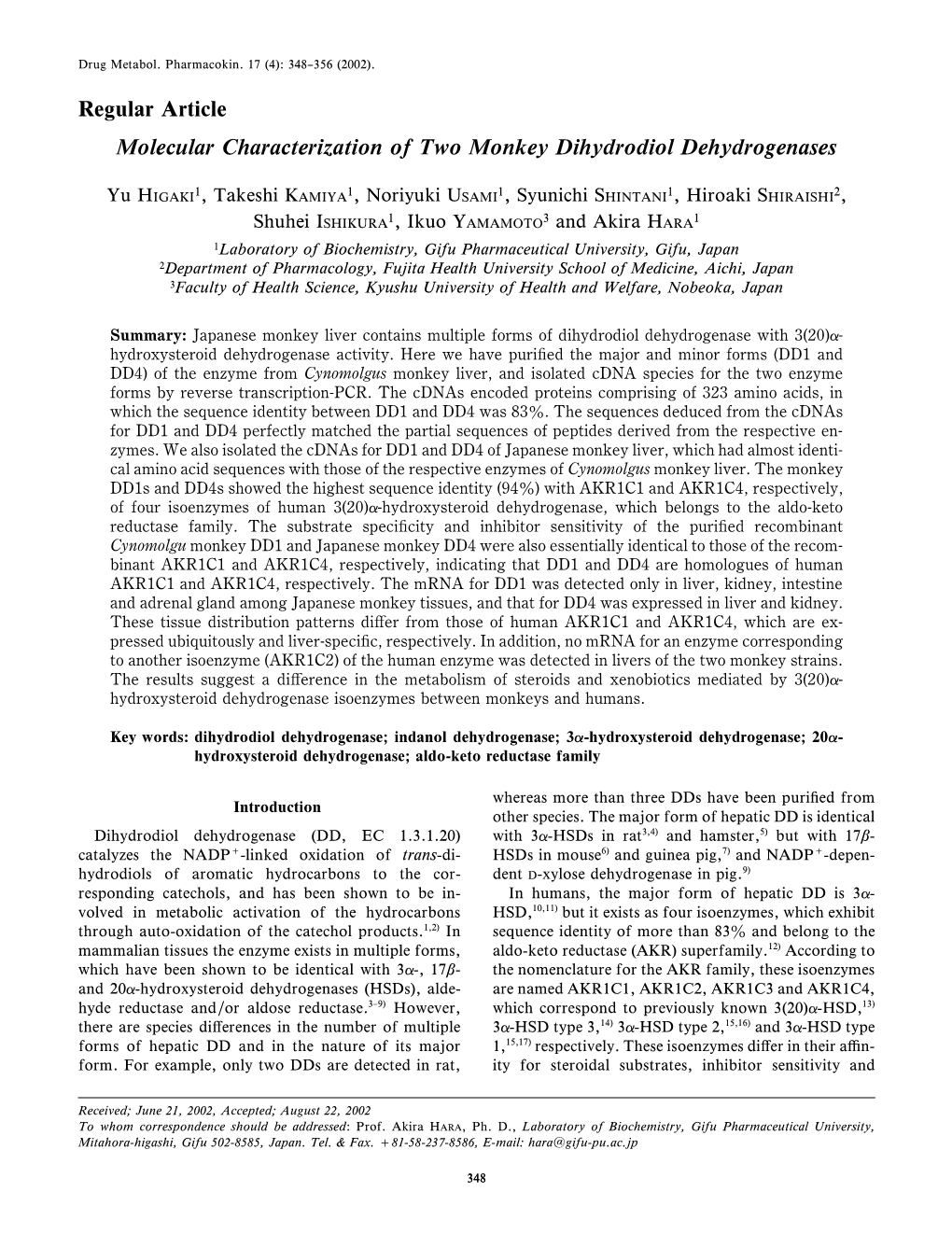 Regular Article Molecular Characterization of Two Monkey Dihydrodiol Dehydrogenases