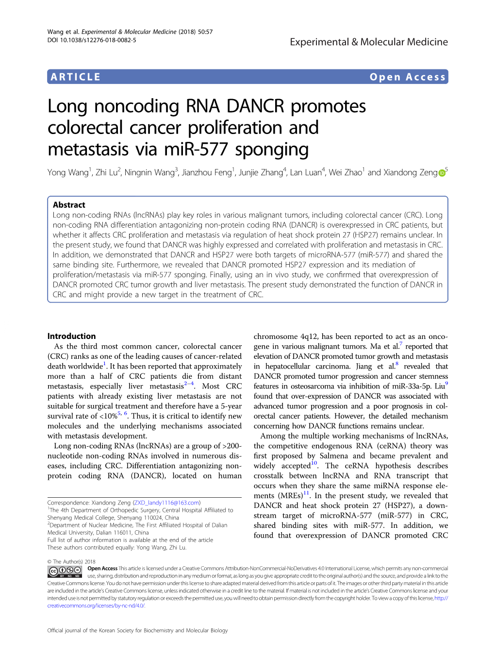 Long Noncoding RNA DANCR Promotes Colorectal Cancer Proliferation and Metastasis Via Mir-577 Sponging