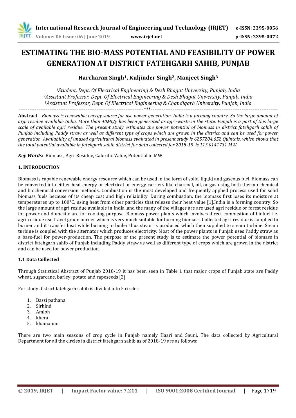 Estimating the Bio-Mass Potential and Feasibility of Power Generation at District Fatehgarh Sahib, Punjab