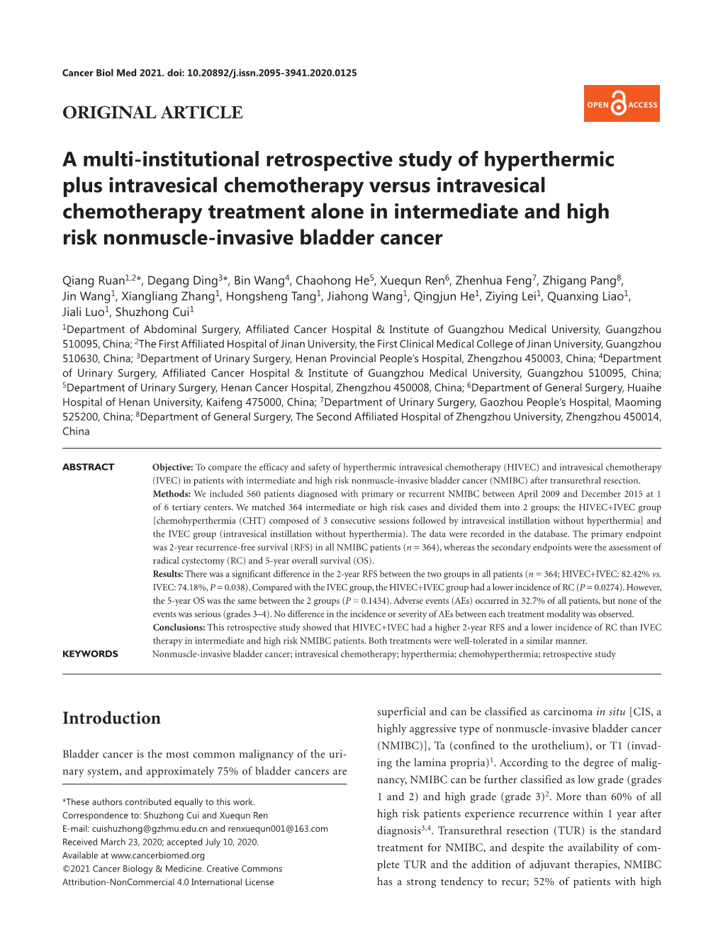 A Multi-Institutional Retrospective Study of Hyperthermic Plus Intravesical