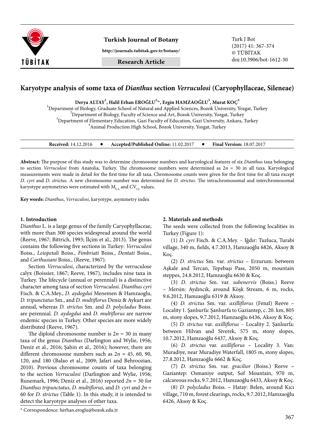 Karyotype Analysis of Some Taxa of Dianthus Section Verruculosi (Caryophyllaceae, Sileneae)