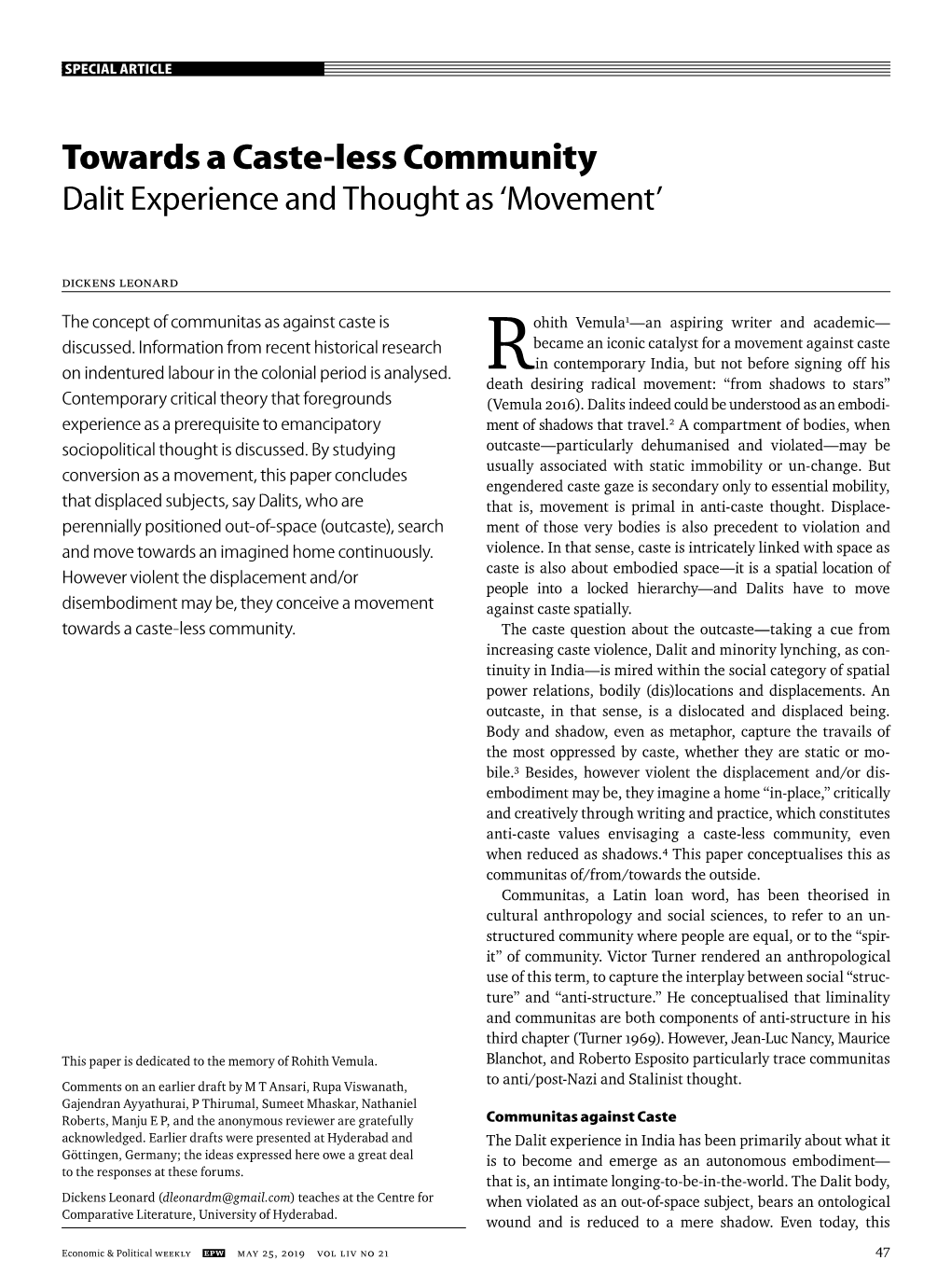 Towards a Caste-Less Community Dalit Experience and Thought As ‘Movement’