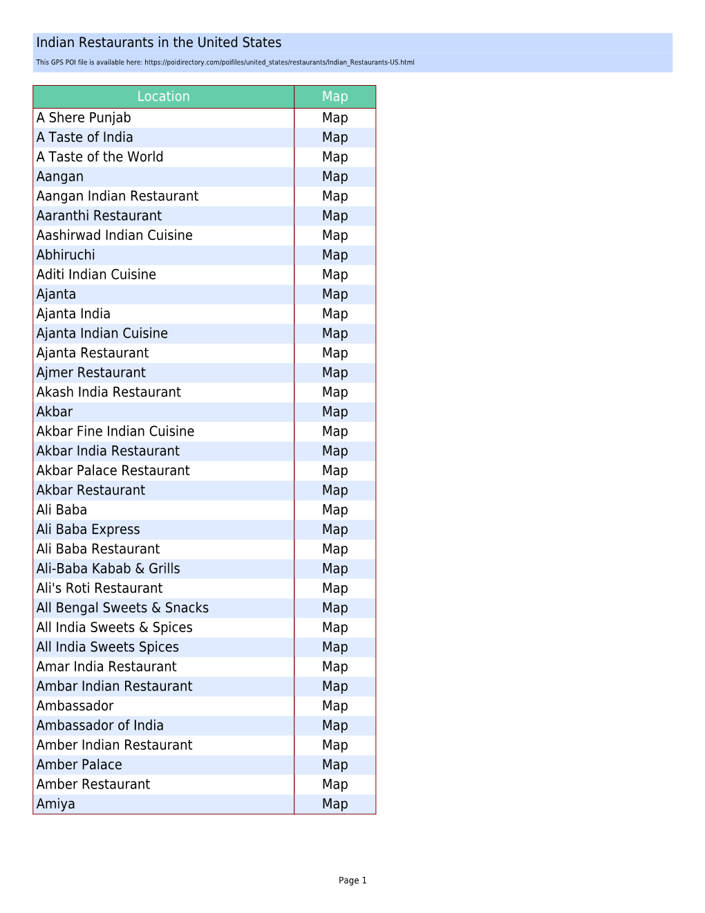 Indian Restaurants in the United States Location Map a Shere