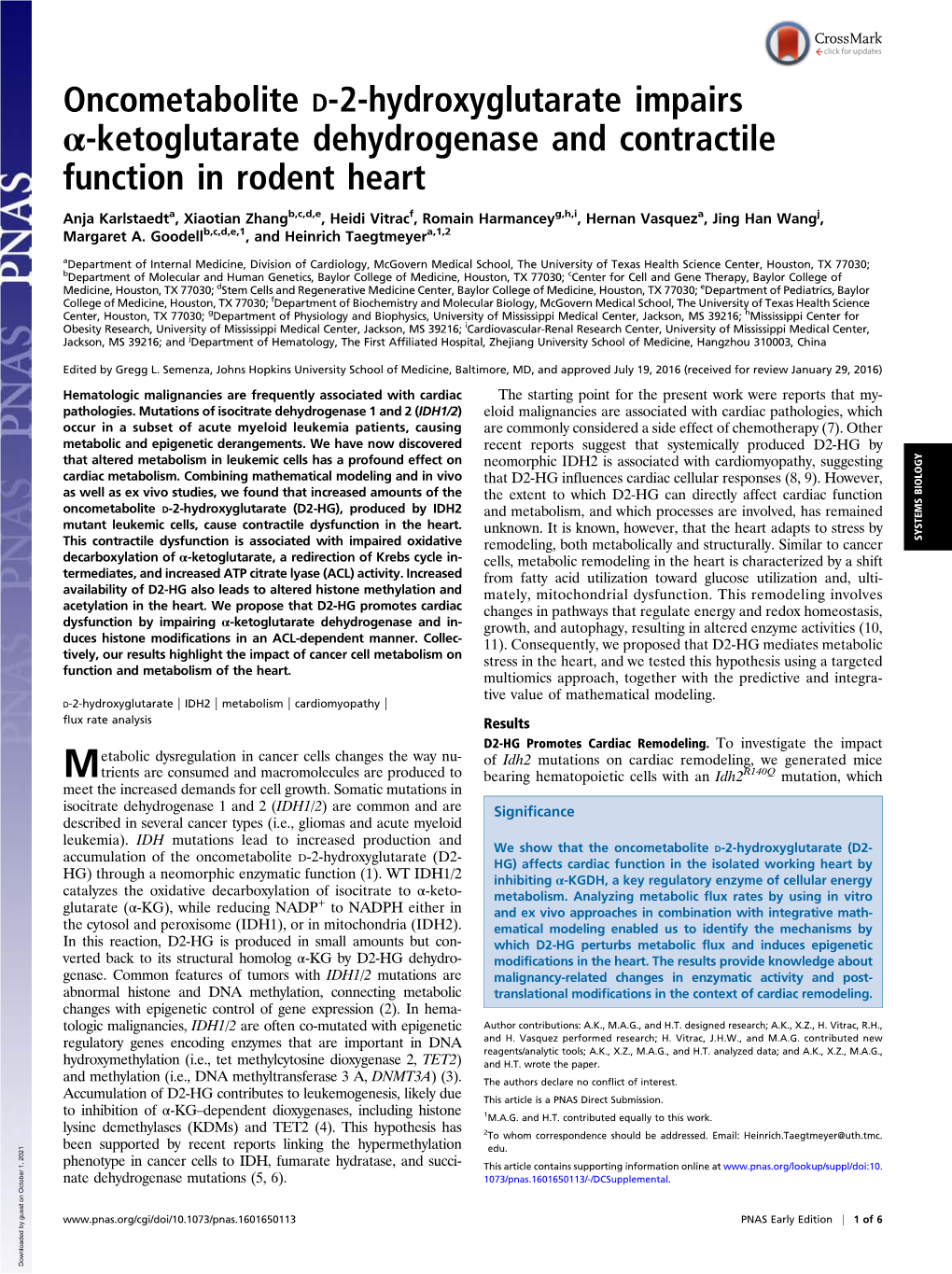 Oncometabolite D-2-Hydroxyglutarate Impairs Α-Ketoglutarate Dehydrogenase and Contractile Function in Rodent Heart