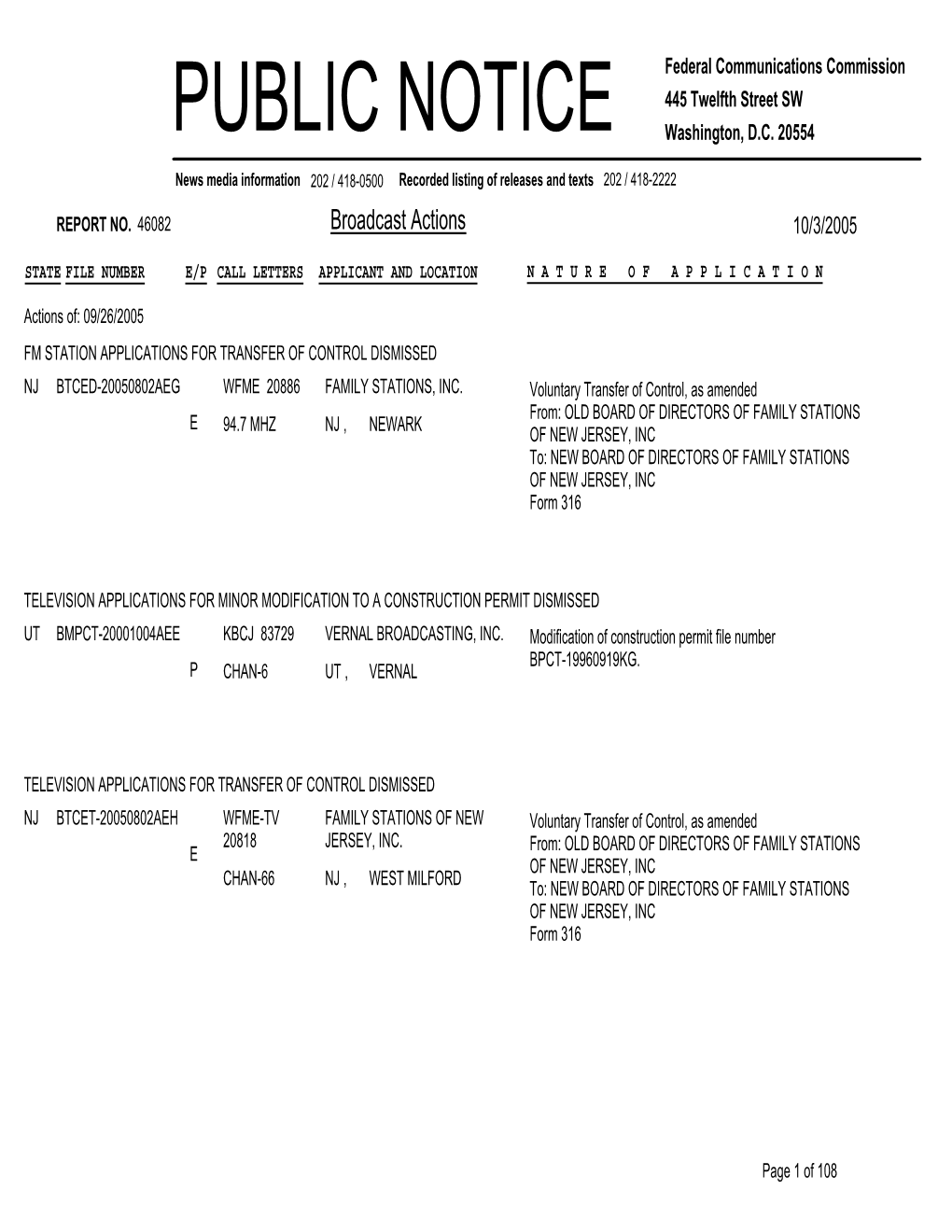 Broadcast Actions 10/3/2005