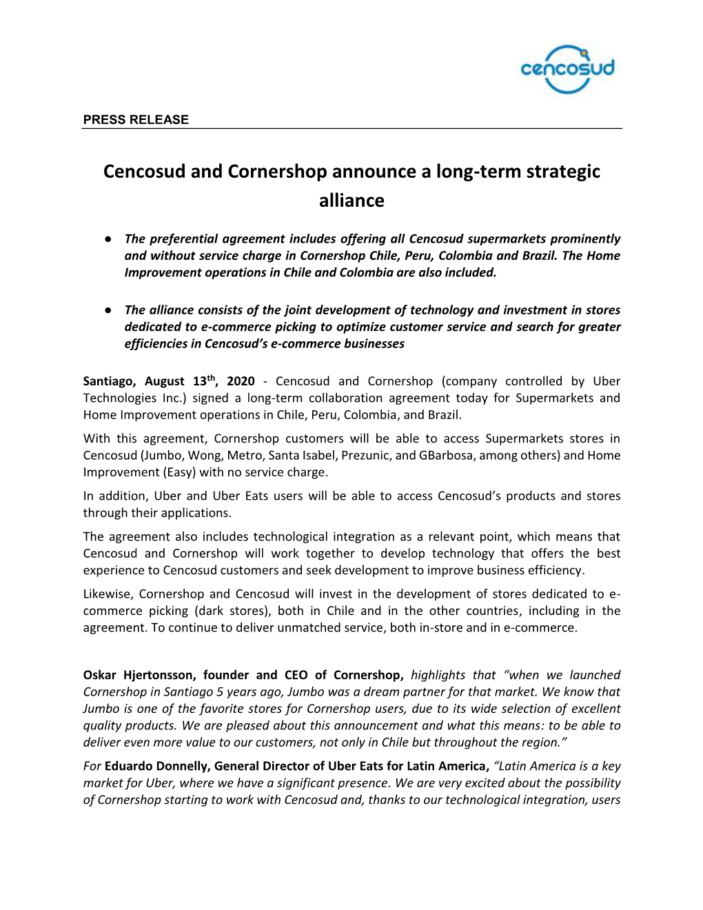 Cencosud and Cornershop Announce a Long-Term Strategic Alliance