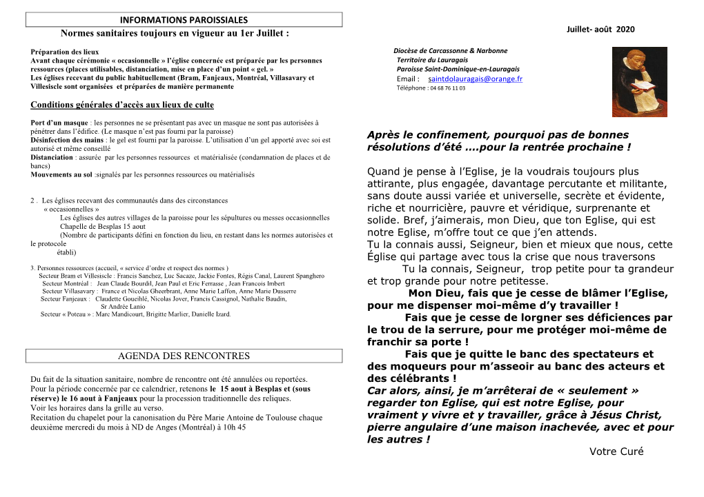 INFORMATIONS PAROISSIALES Normes Sanitaires Toujours En Vigueur Au 1Er Juillet : Juillet- Août 2020