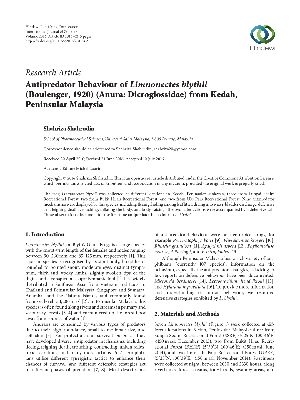 Antipredator Behaviour of Limnonectes Blythii (Boulenger, 1920) (Anura: Dicroglossidae) from Kedah, Peninsular Malaysia