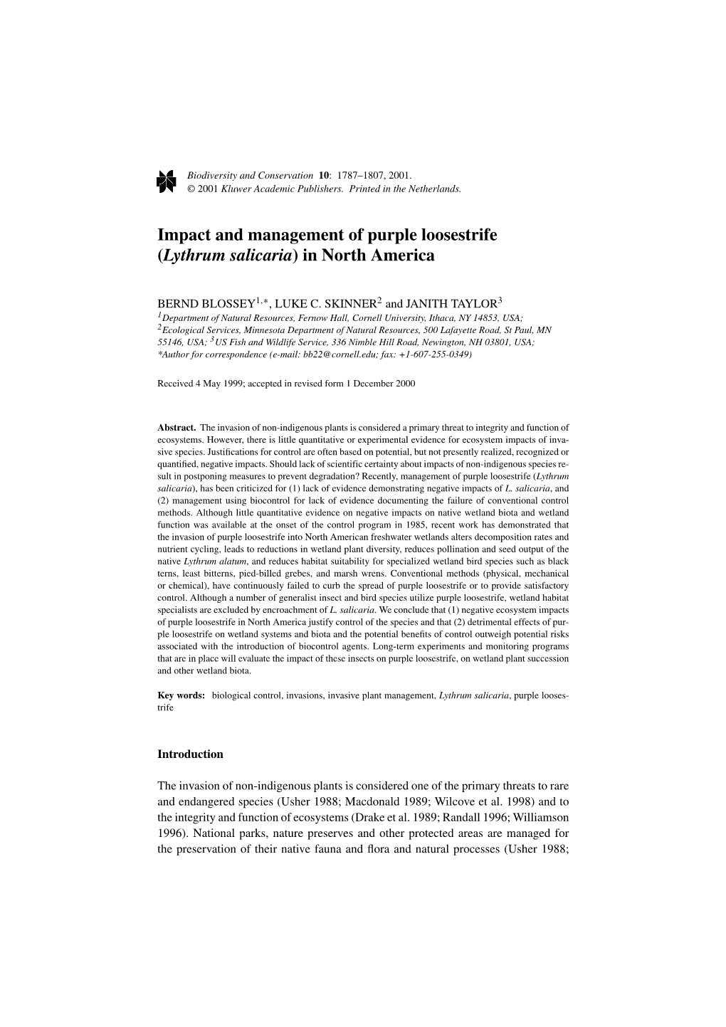 Impact and Management of Purple Loosestrife (Lythrum Salicaria) in North America