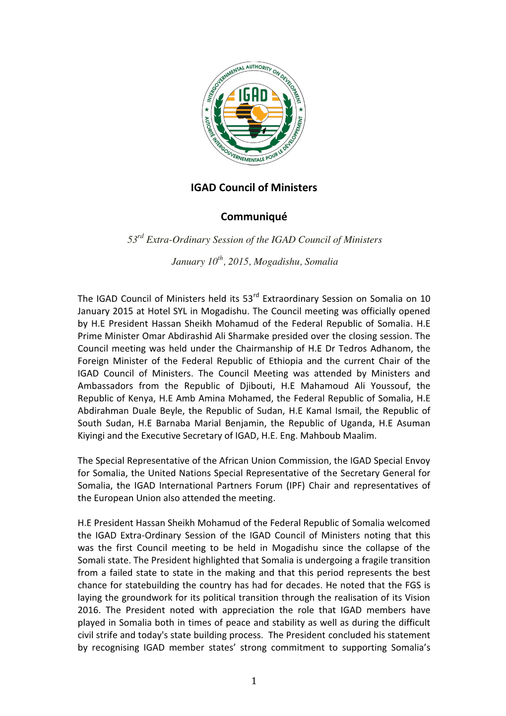 IGAD Council of Ministers Communiqué