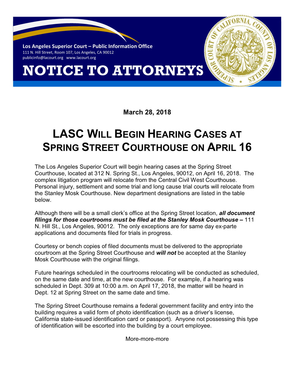 Lasc Will Begin Hearing Cases at Spring Street Courthouse on April 16