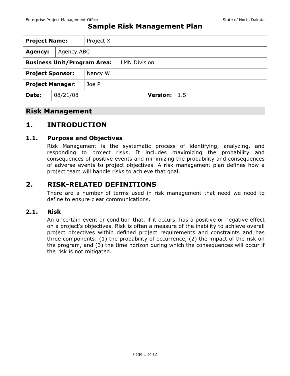 Sample Risk Management Plan