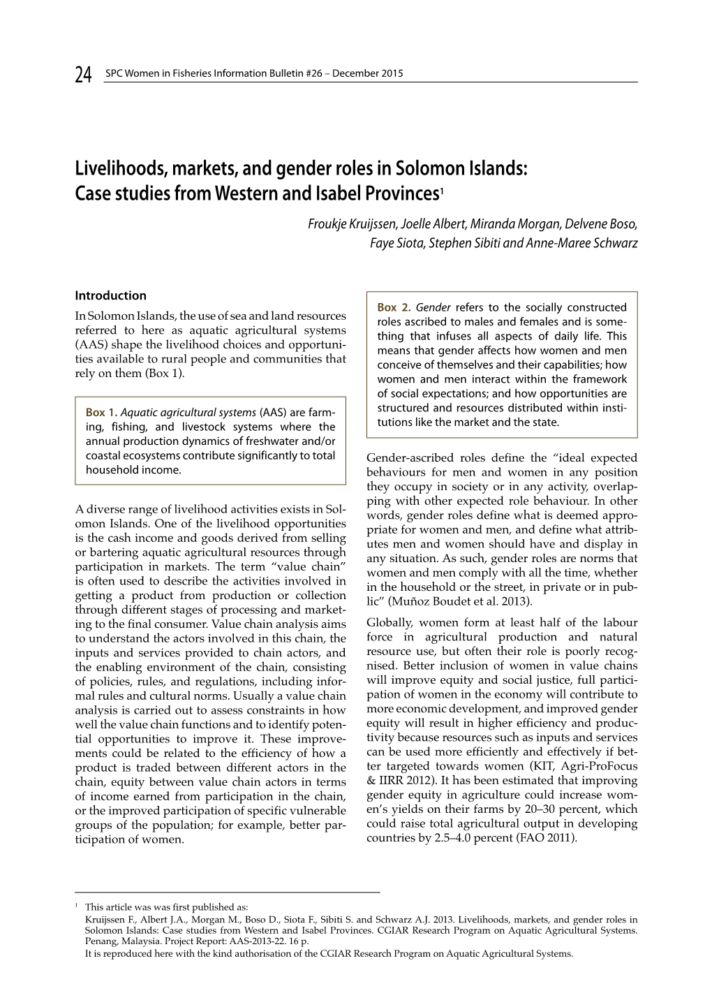 Livelihoods, Markets, and Gender Roles in Solomon Islands: Case Studies from Western and Isabel Provinces