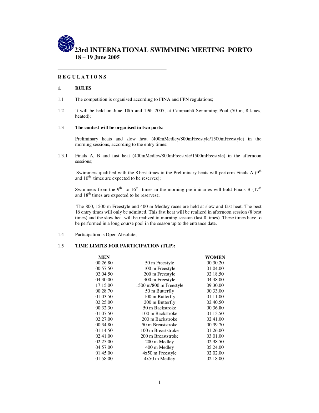 23Rd INTERNATIONAL SWIMMING MEETING PORTO 18 – 19 June 2005 ______R E G U L a T I O N S