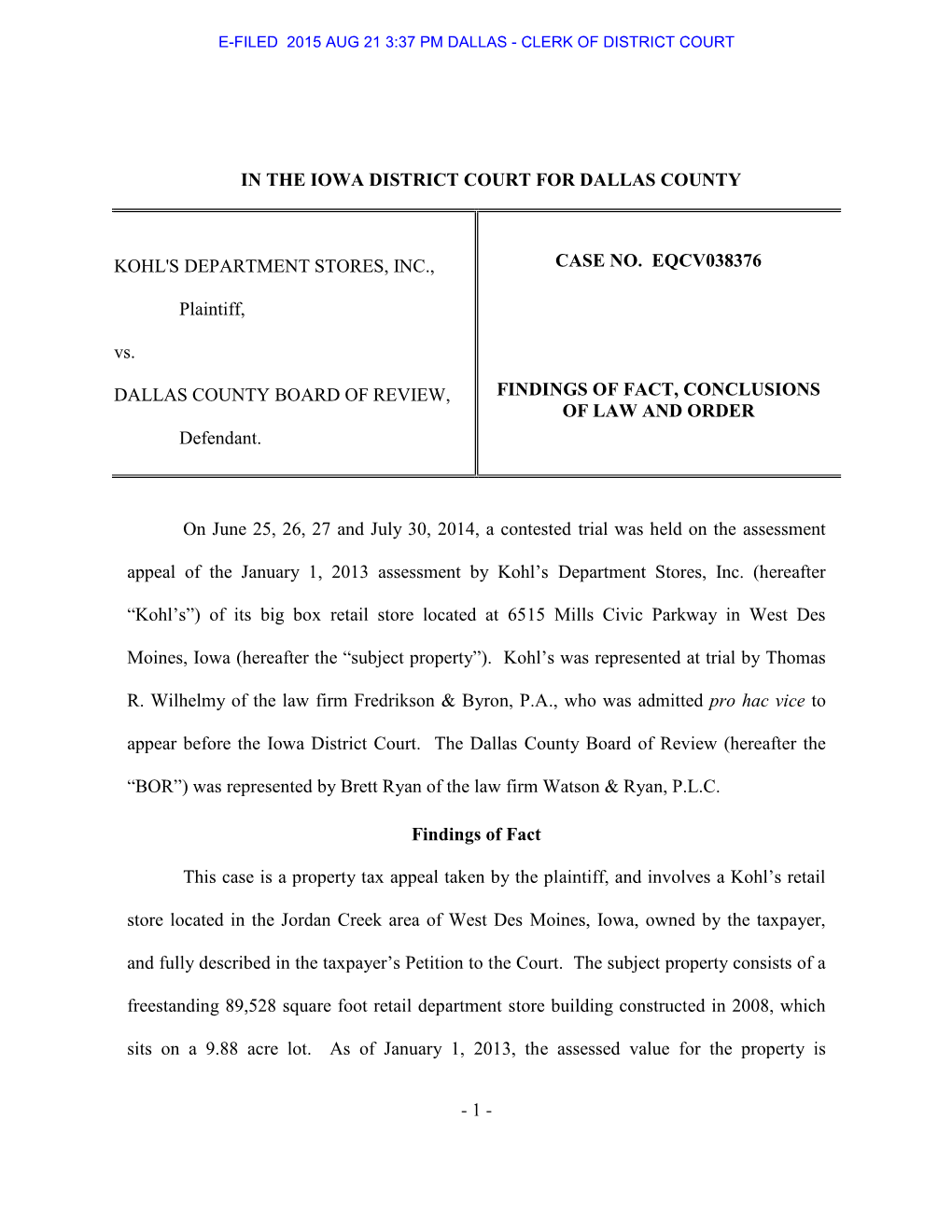 Kohl's V Dallas County, IA Board of Review Court Decision