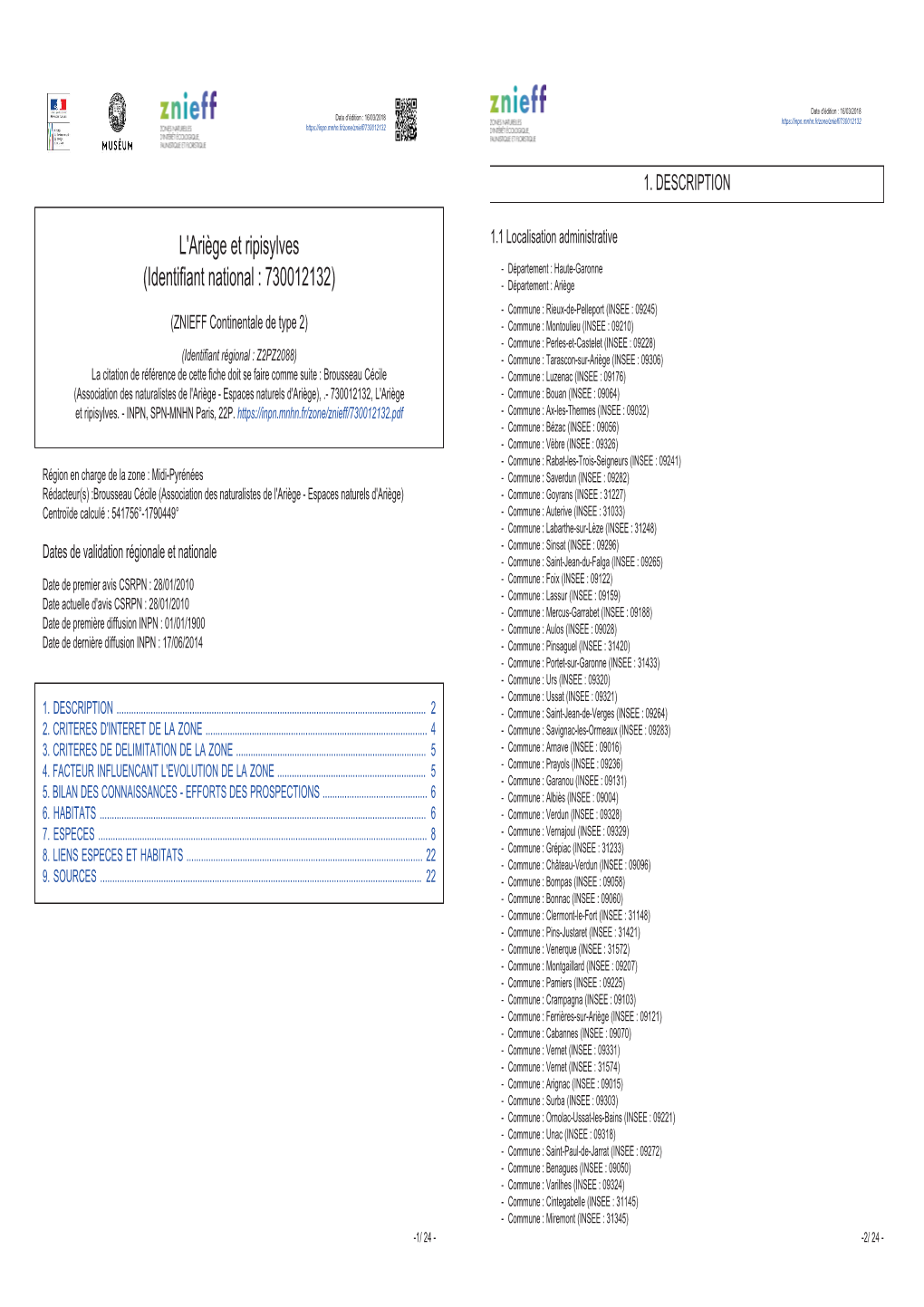 L'ariège Et Ripisylves (Identifiant National : 730012132)