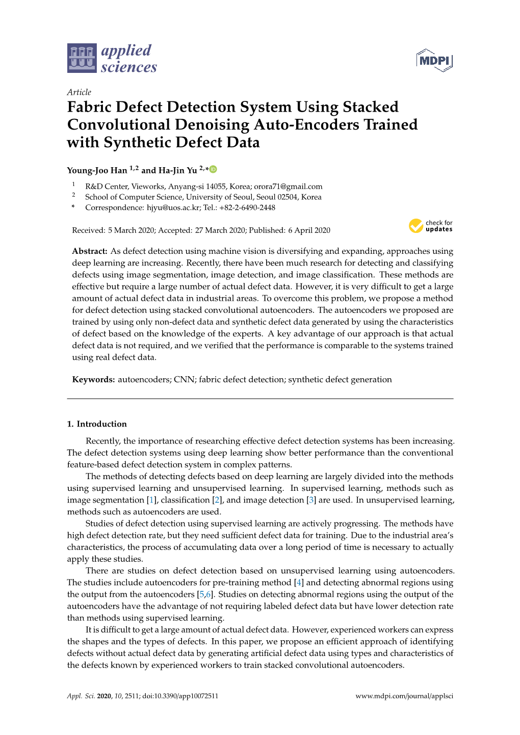 Fabric Defect Detection System Using Stacked Convolutional Denoising Auto-Encoders Trained with Synthetic Defect Data