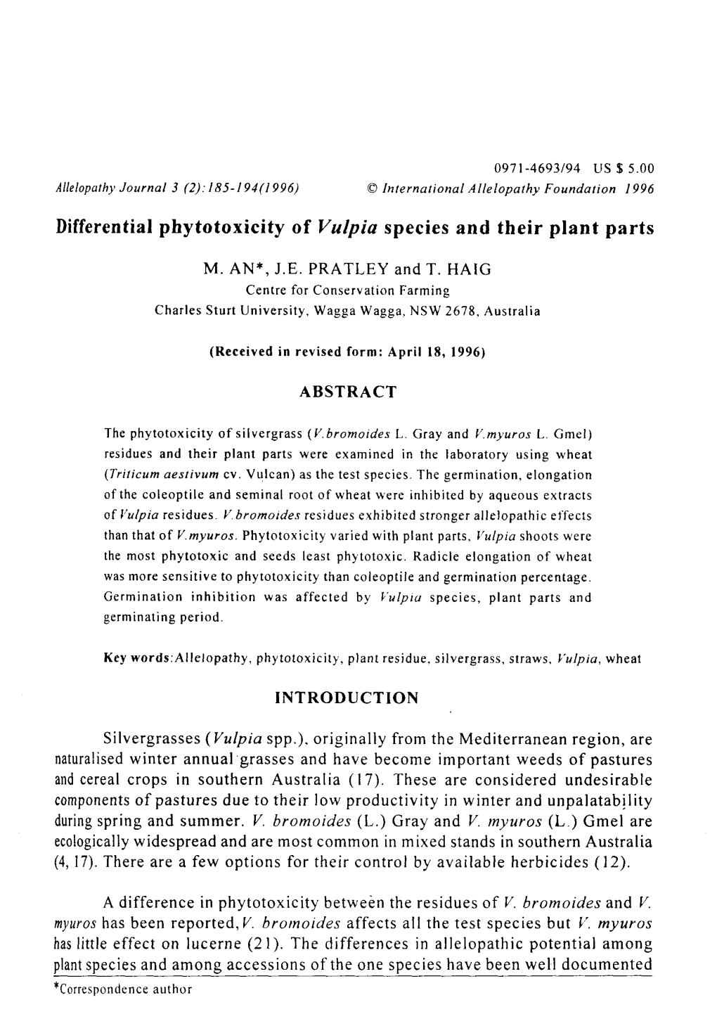 Differential Phytotoxicity of Vulpia Species and Their Plant Parts