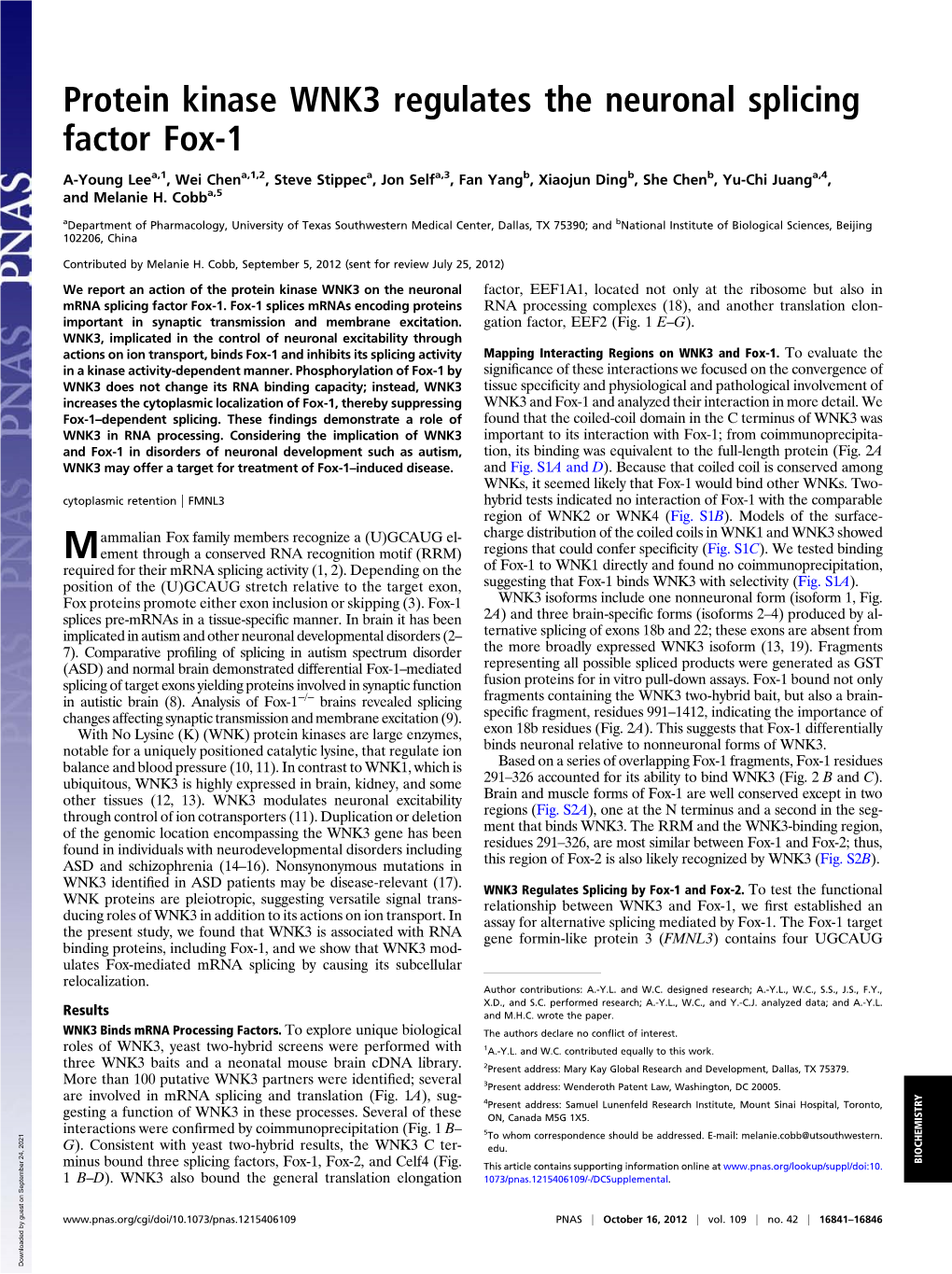 Protein Kinase WNK3 Regulates the Neuronal Splicing Factor Fox-1