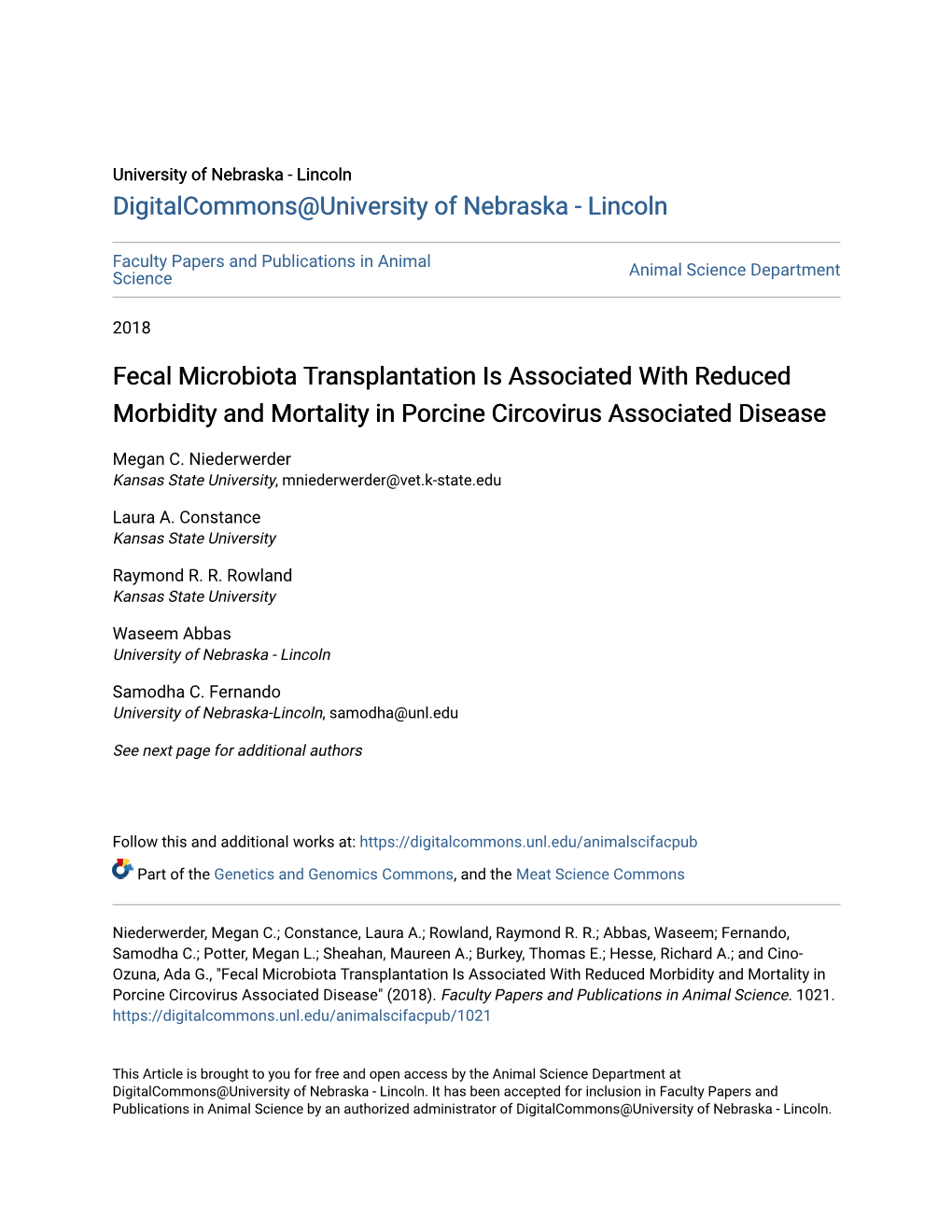 Fecal Microbiota Transplantation Is Associated with Reduced Morbidity and Mortality in Porcine Circovirus Associated Disease