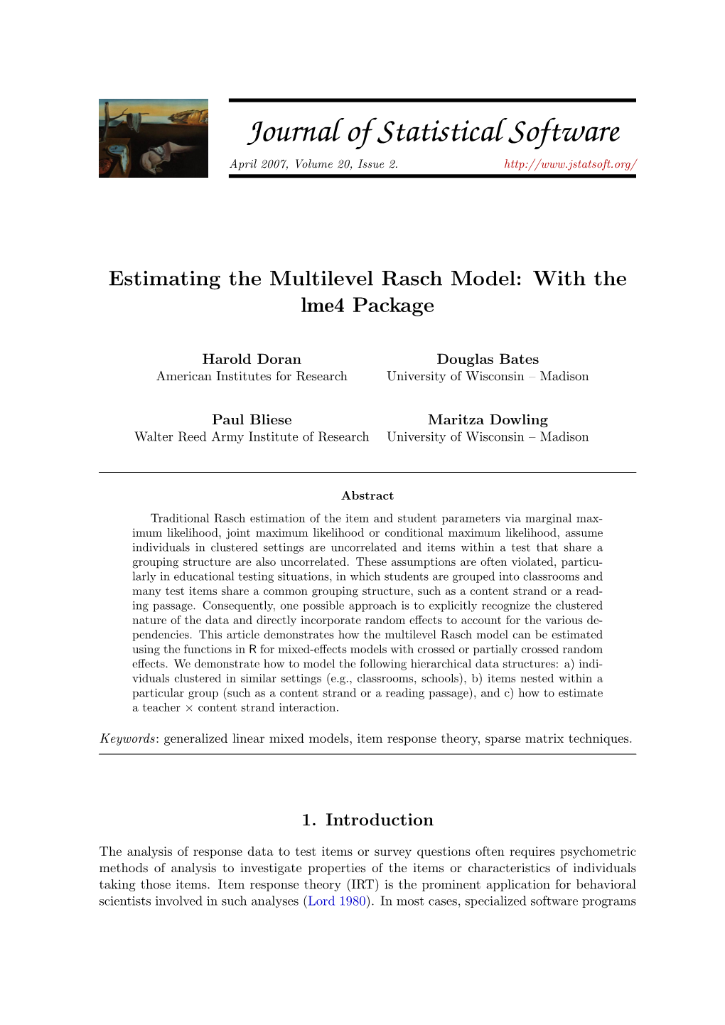 Estimating the Multilevel Rasch Model: with the Lme4 Package