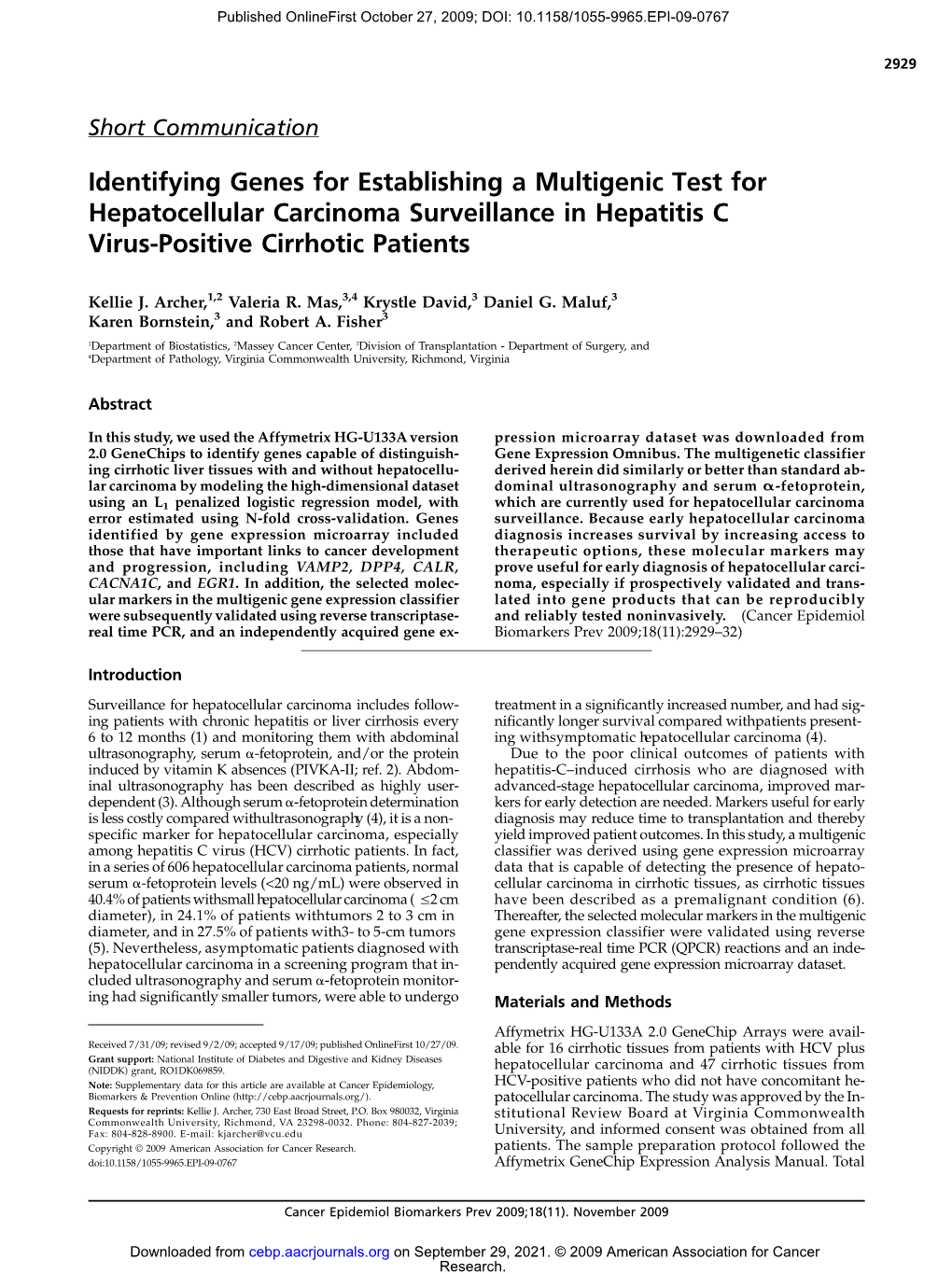 Identifying Genes for Establishing a Multigenic Test for Hepatocellular Carcinoma Surveillance in Hepatitis C Virus-Positive Cirrhotic Patients