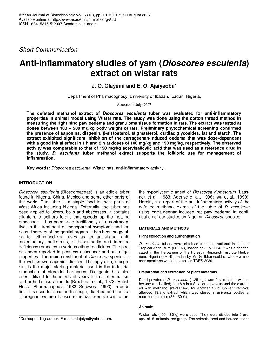 Anti-Inflammatory Studies of Yam (Dioscorea Esculenta) Extract on Wistar Rats