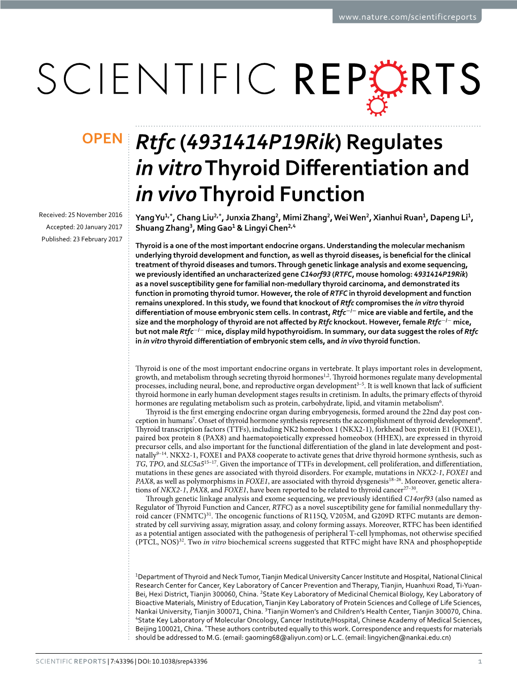 Rtfc (4931414P19rik) Regulates in Vitro Thyroid Differentiation