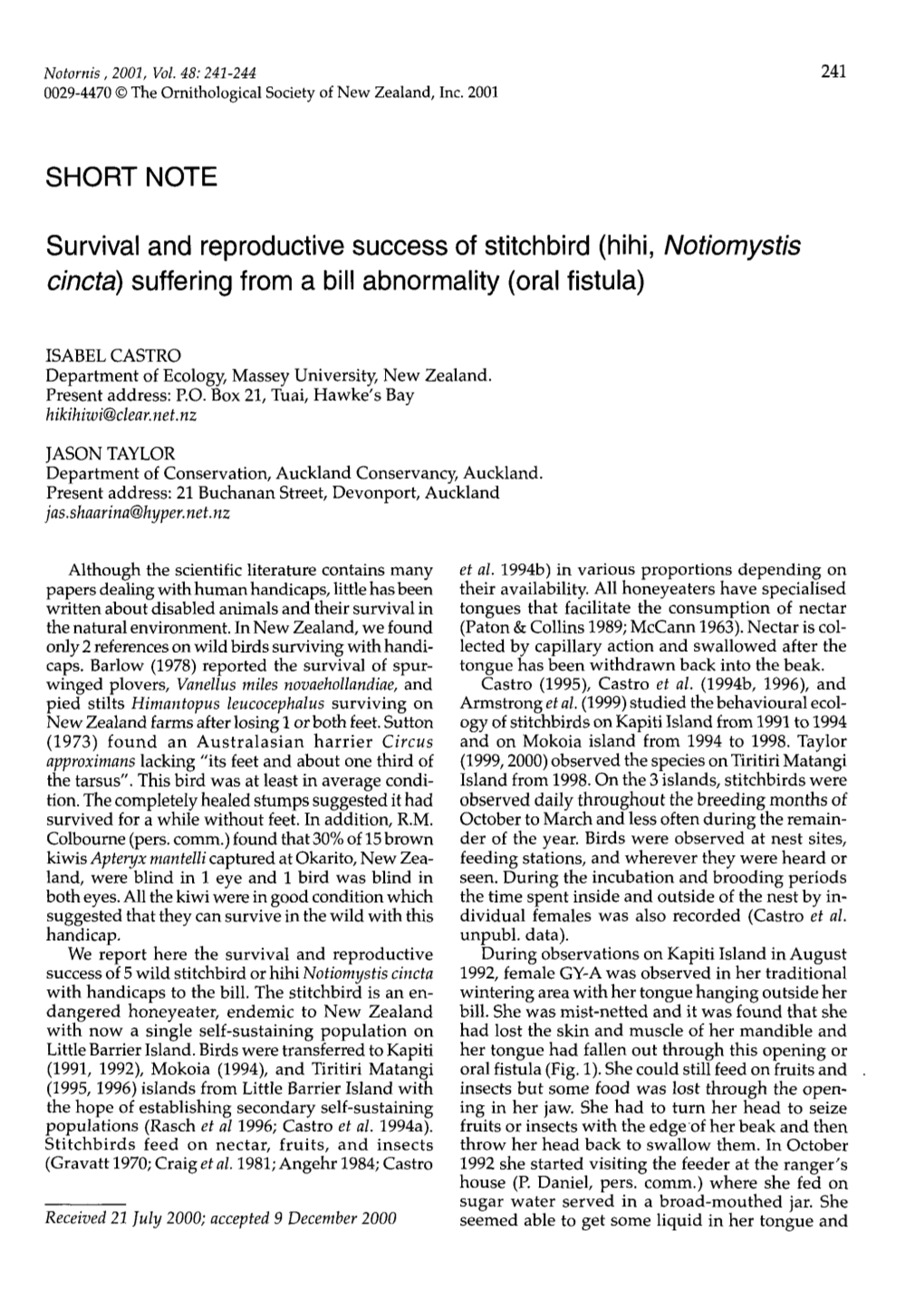 Survival and Reproductive Success of Stitchbird (Hihi, &lt;Em Class