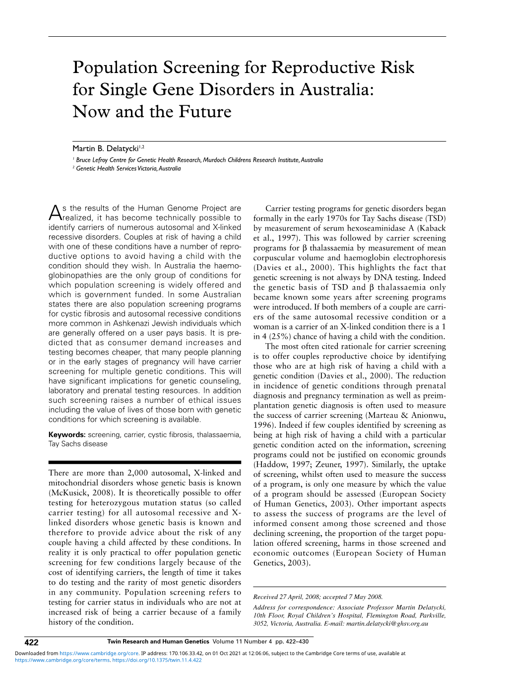 Population Screening for Reproductive Risk for Single Gene Disorders in Australia: Now and the Future